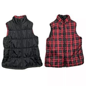 Merona Women's Reversible Vest Jacket Size L Coat Plaid Checks  Black Red Zip